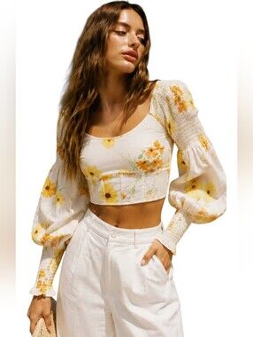 Sabo Luxe Floral Smocked Puff Sleeve Corset Crop Top XS